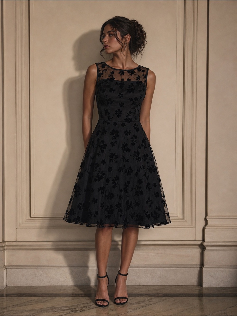 Chic Black Floral Midi Velvet Floral Sheer Overlay Dress Zip up back formal